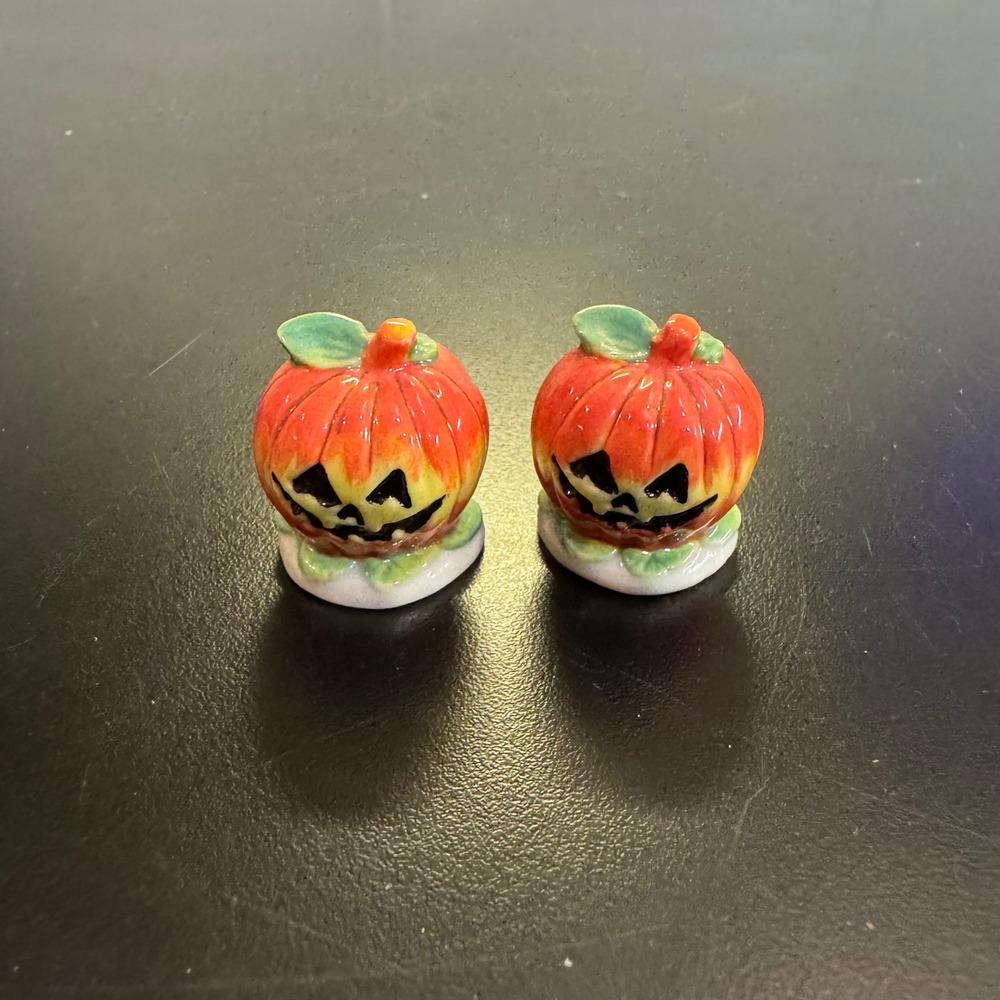 Miniature Pumpkin Figurines Halloween Small Orange Jack O Lantern Set of 2